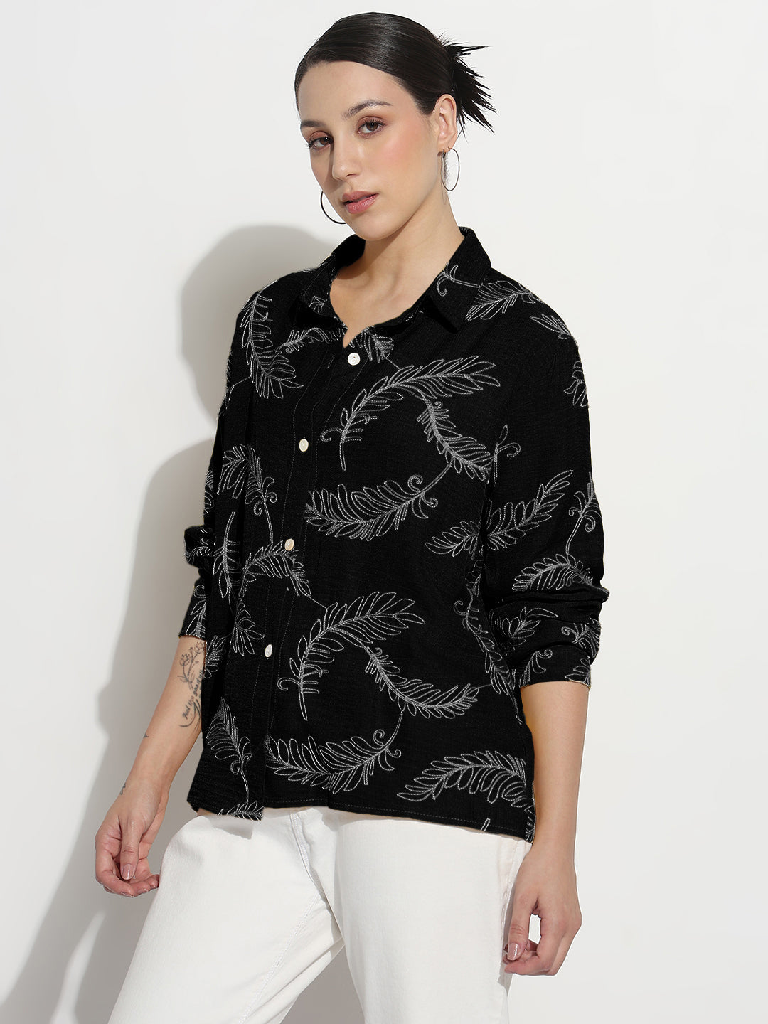 Women's Embroidered Black Relaxed Fit Shirt