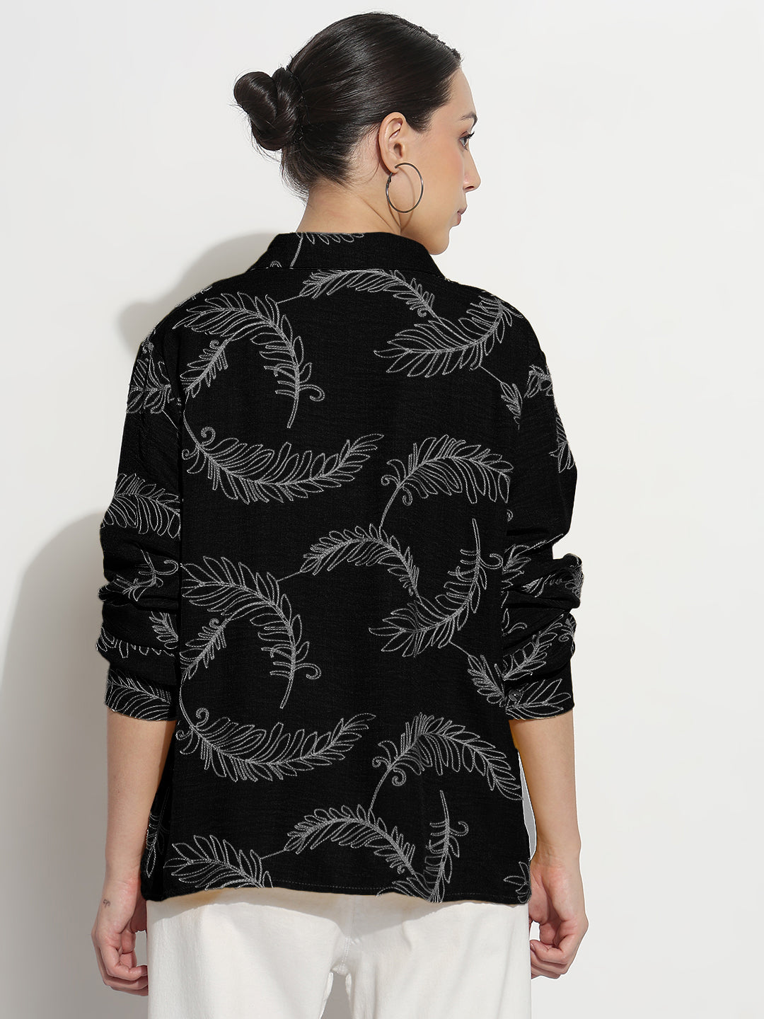 Women's Embroidered Black Relaxed Fit Shirt