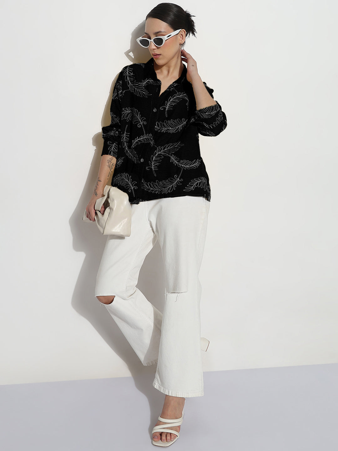 Women's Embroidered Black Relaxed Fit Shirt