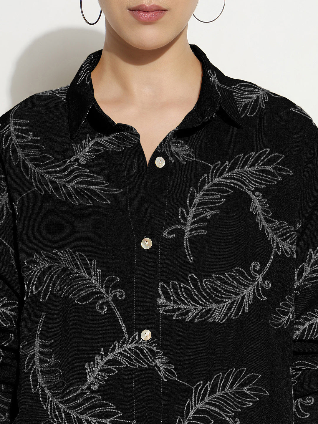 Women's Embroidered Black Relaxed Fit Shirt