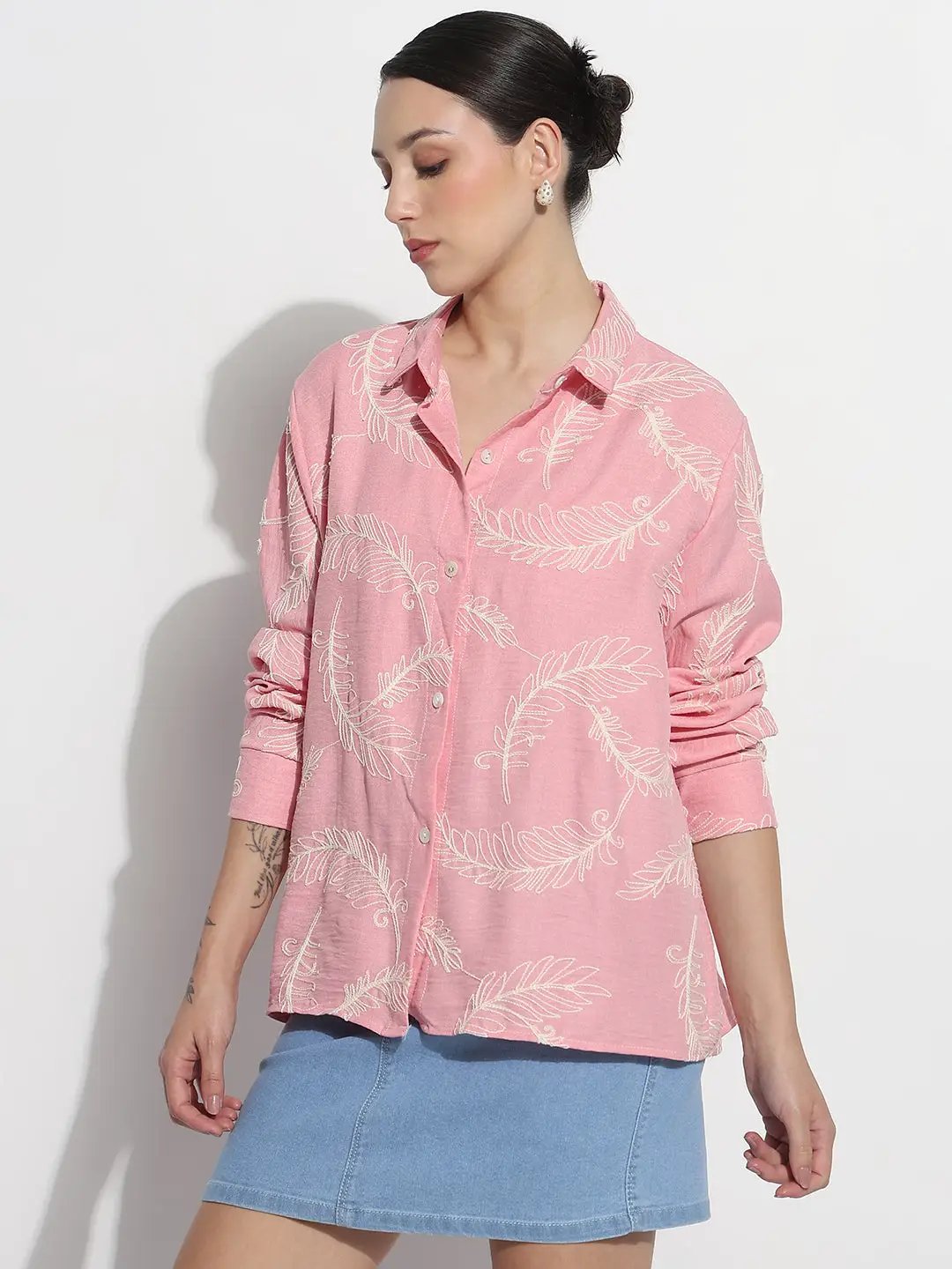 Women's Embroidered Pink Relaxed Fit Shirt - from SHOWOFFFF