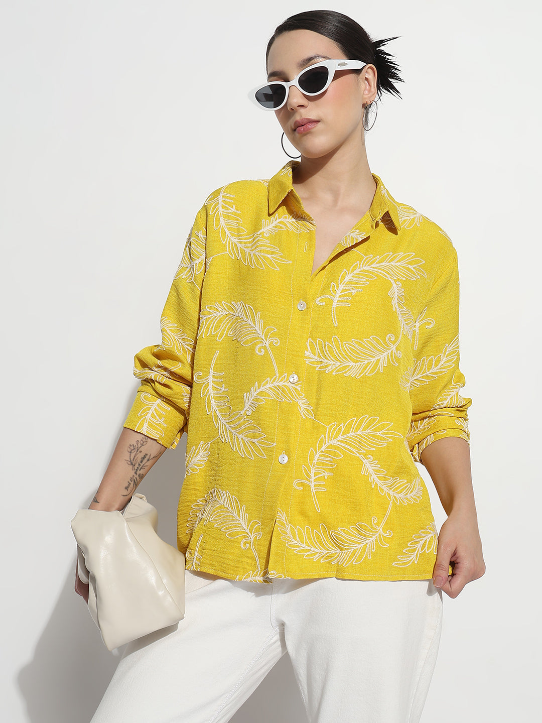 Women's Embroidered Yellow Relaxed Fit Shirt