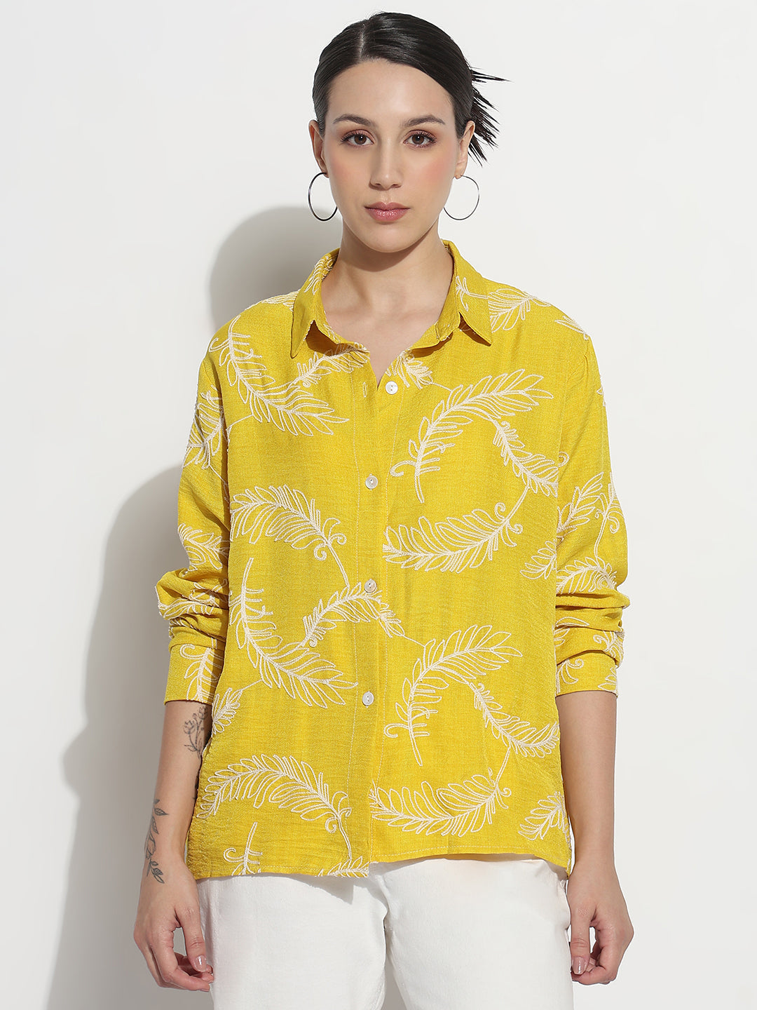 Women's Embroidered Yellow Relaxed Fit Shirt