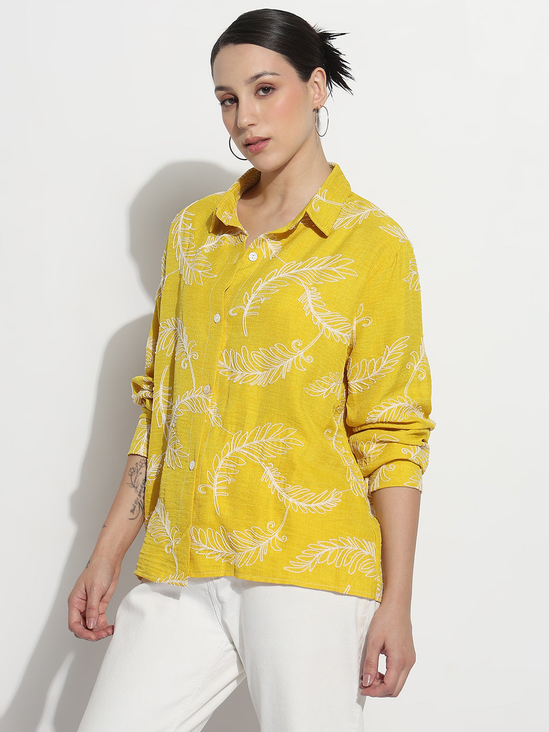 Women's Embroidered Yellow Relaxed Fit Shirt
