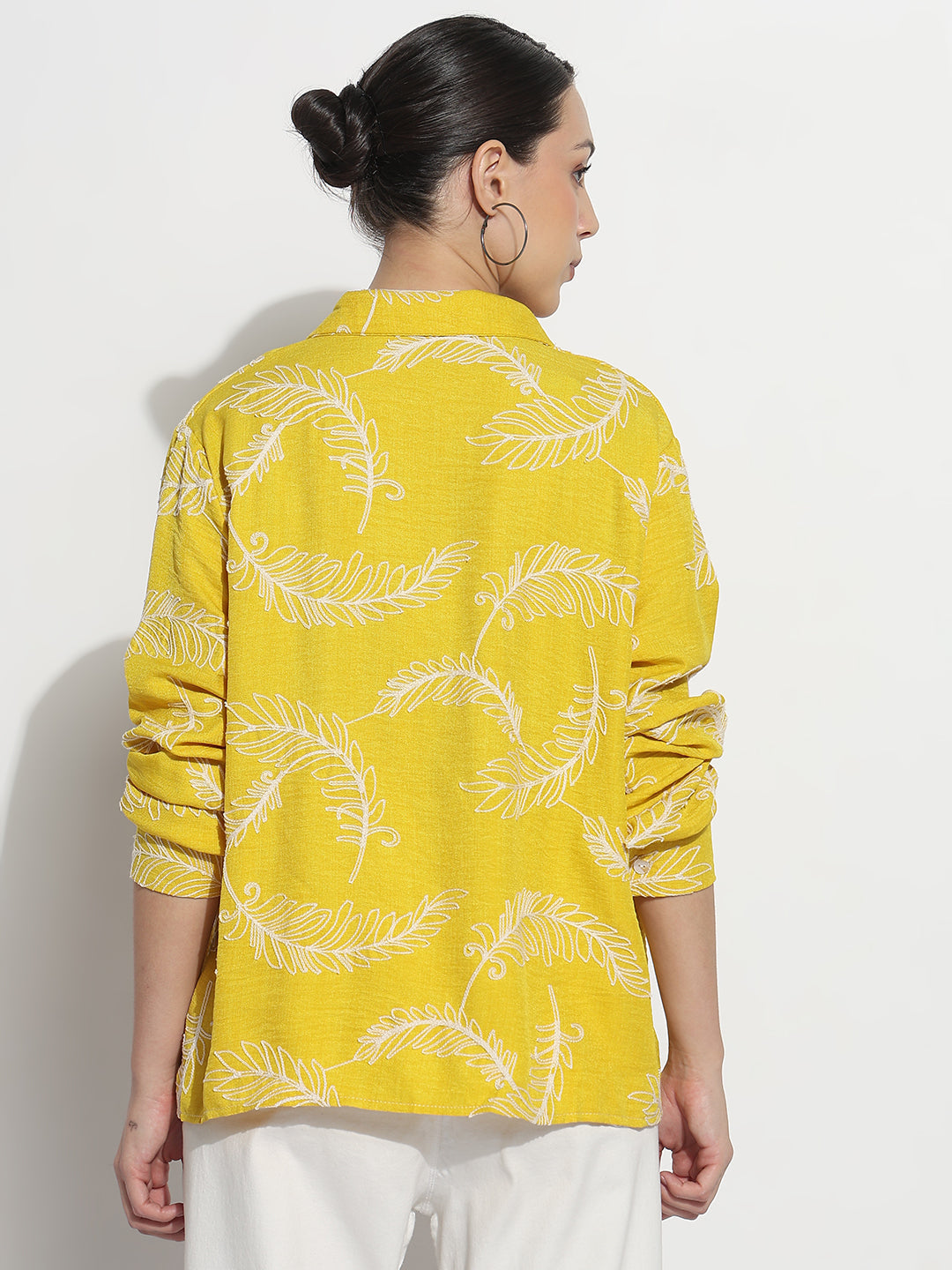 Women's Embroidered Yellow Relaxed Fit Shirt