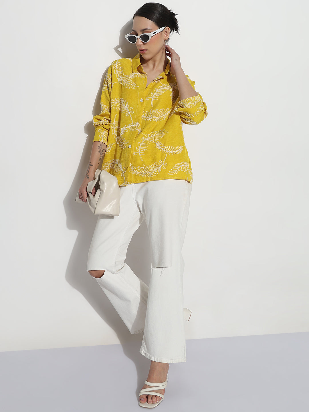 Women's Embroidered Yellow Relaxed Fit Shirt