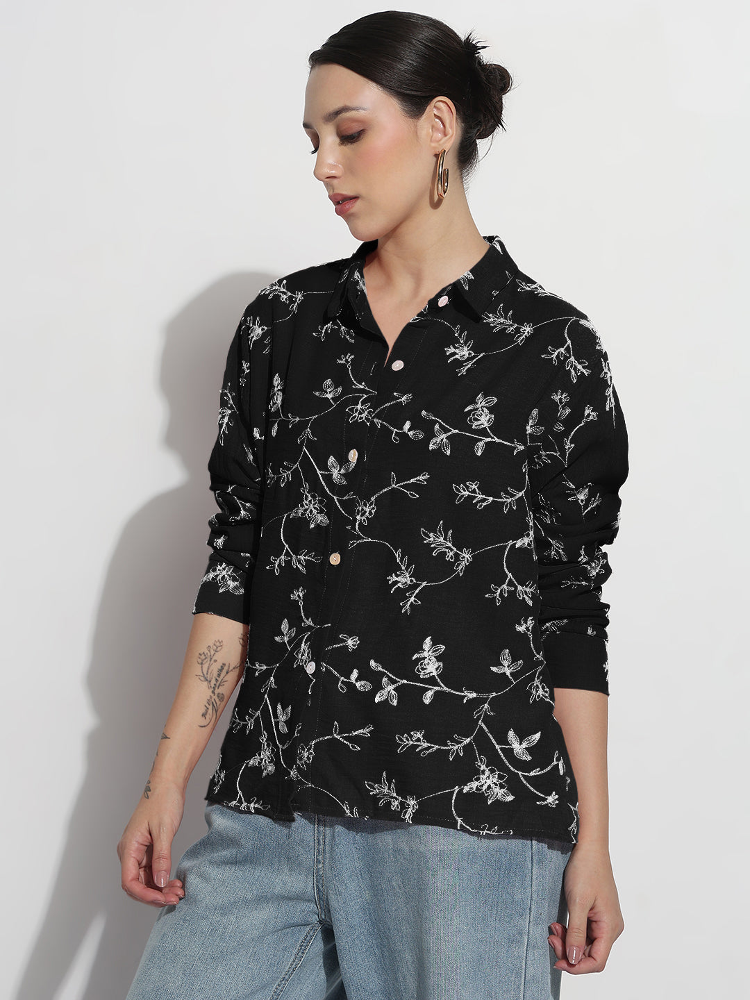 Women's Floral Embroidered Black Relaxed Fit Shirt