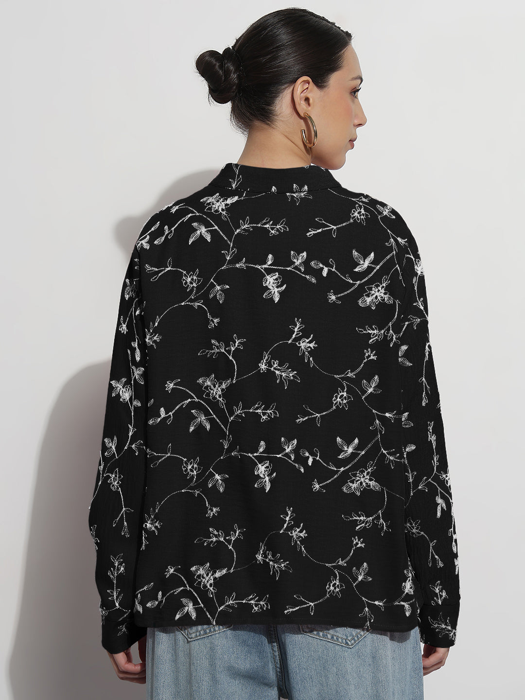 Women's Floral Embroidered Black Relaxed Fit Shirt