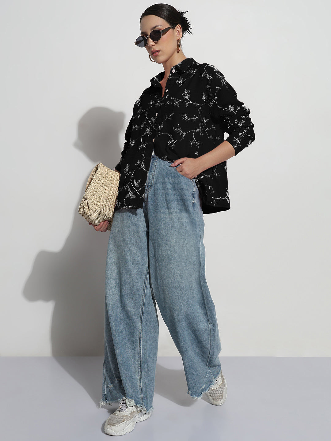 Women's Floral Embroidered Black Relaxed Fit Shirt