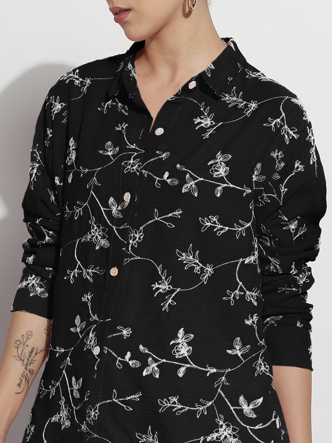 Women's Floral Embroidered Black Relaxed Fit Shirt