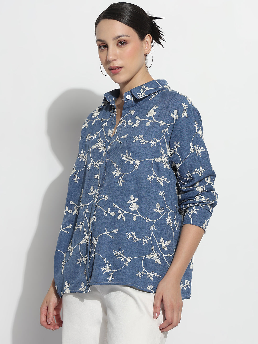 Women's Floral Embroidered Blue Relaxed Fit Shirt