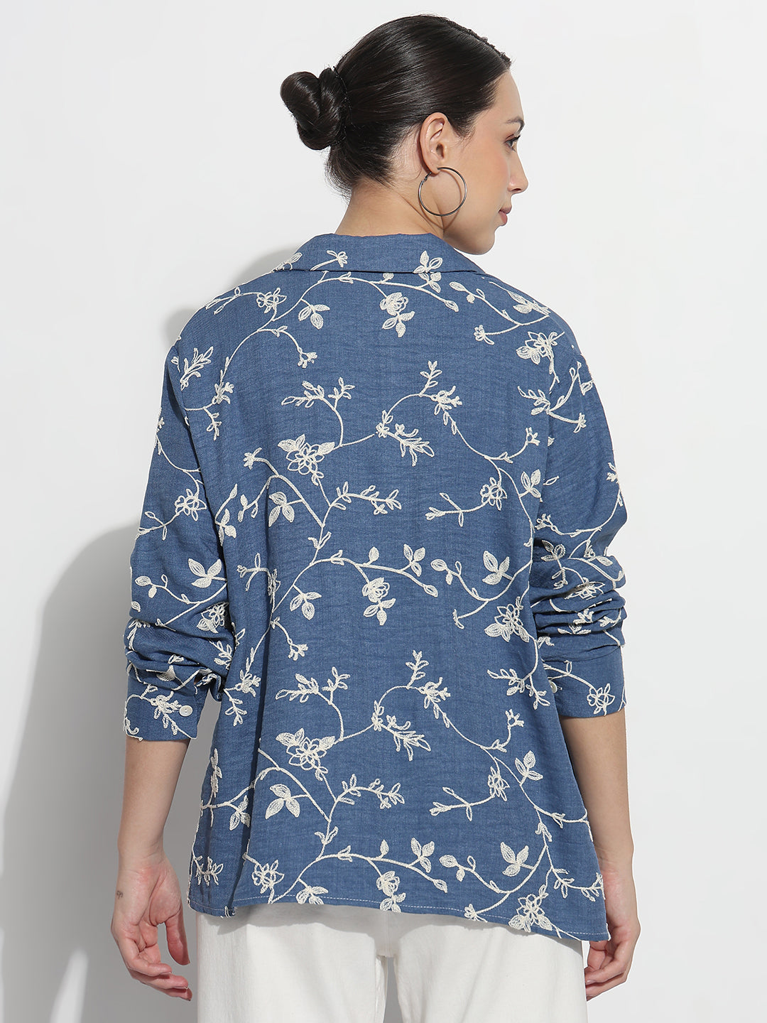 Women's Floral Embroidered Blue Relaxed Fit Shirt