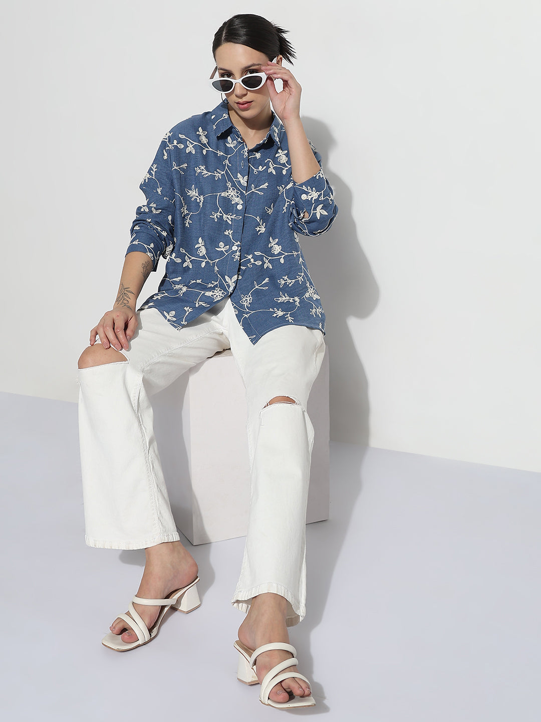 Women's Floral Embroidered Blue Relaxed Fit Shirt