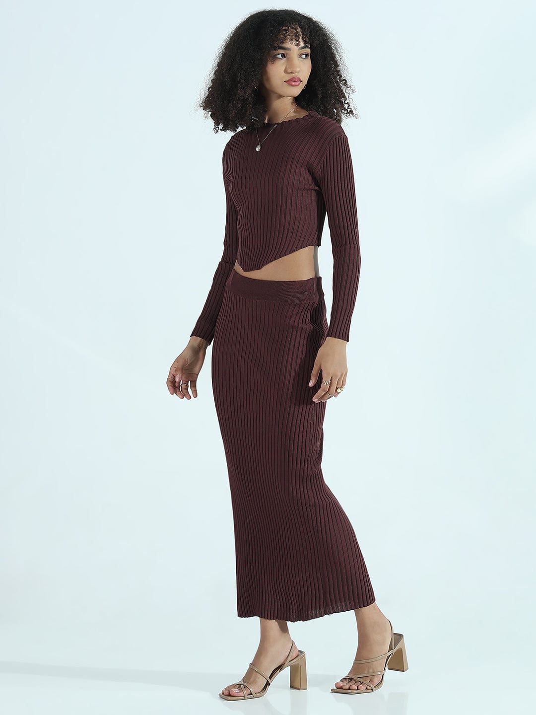 Women's Ribbed Brown Asymmetric Top with Maxi Skirt Co-ords Set