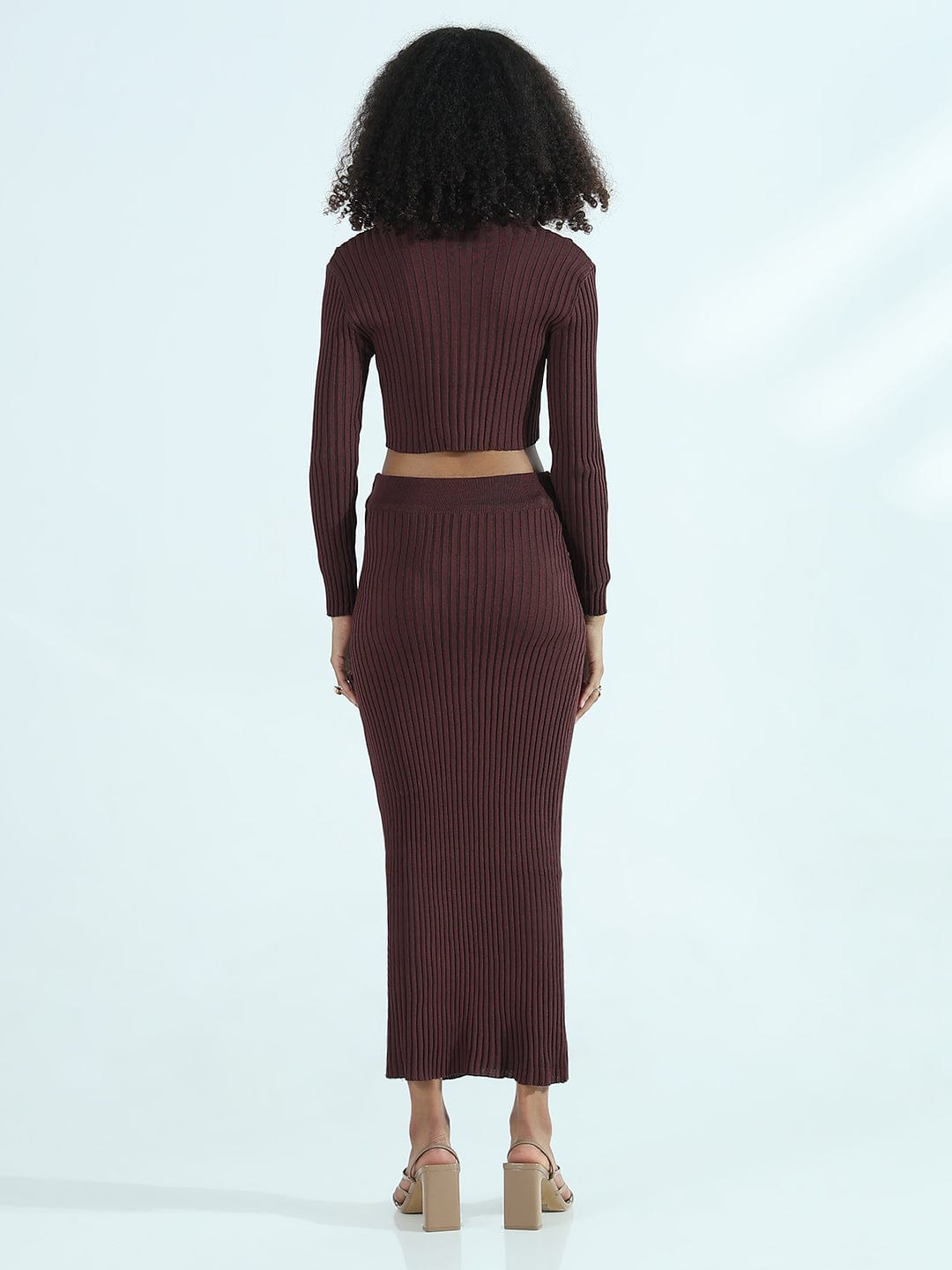 Women's Ribbed Brown Asymmetric Top with Maxi Skirt Co-ords Set