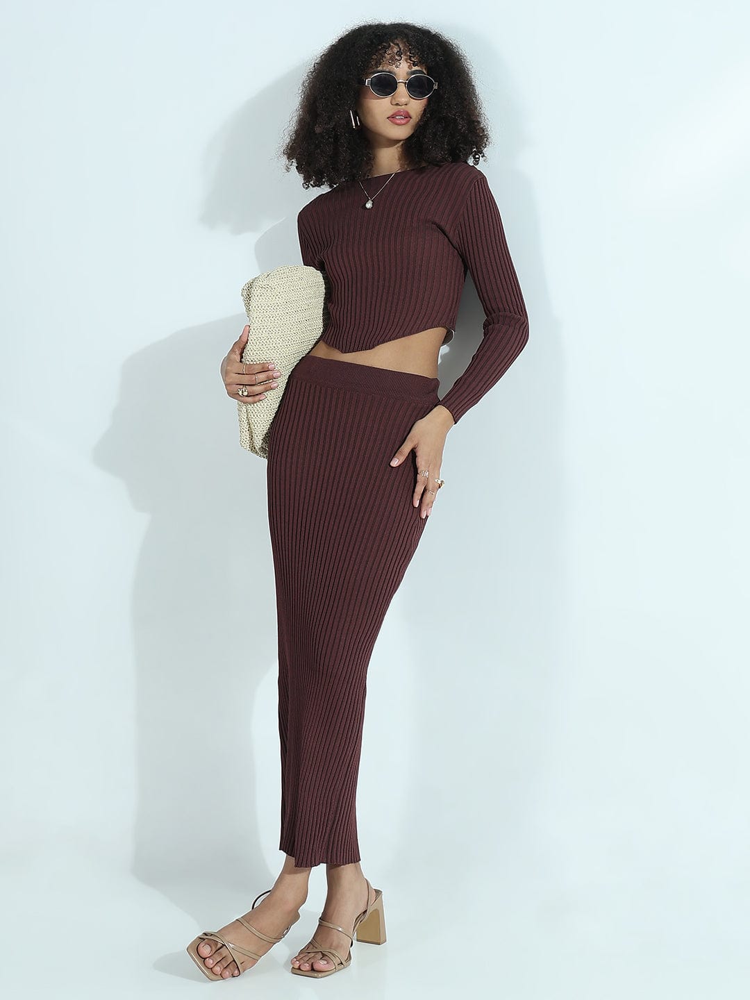Women's Ribbed Brown Asymmetric Top with Maxi Skirt Co-ords Set