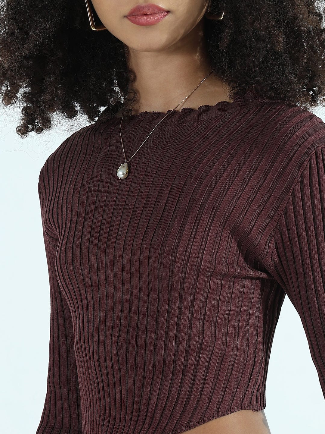 Women's Ribbed Brown Asymmetric Top with Maxi Skirt Co-ords Set