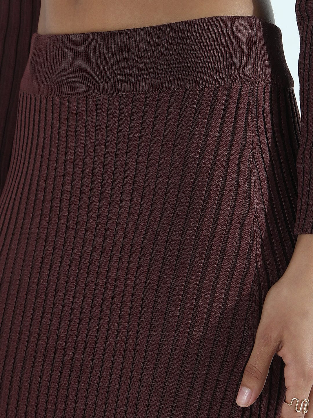 Women's Ribbed Brown Asymmetric Top with Maxi Skirt Co-ords Set