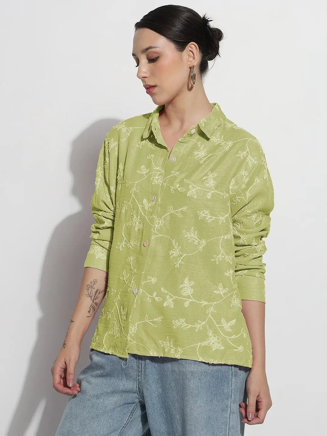 Women's Floral Embroidered Green Relaxed Fit Shirt - from SHOWOFFFF