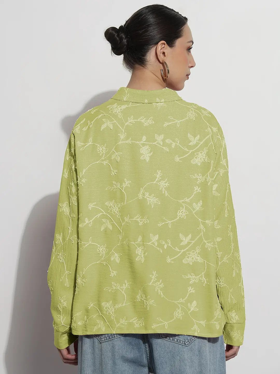 Women's Floral Embroidered Green Relaxed Fit Shirt - from SHOWOFFFF