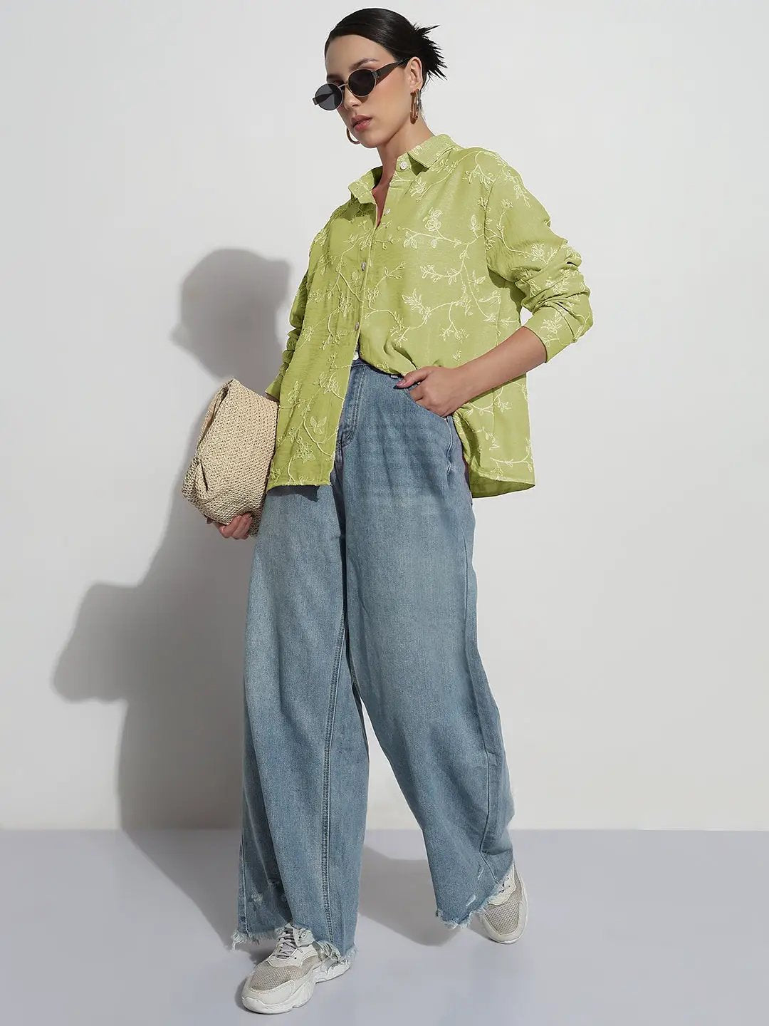 Women's Floral Embroidered Green Relaxed Fit Shirt - from SHOWOFFFF