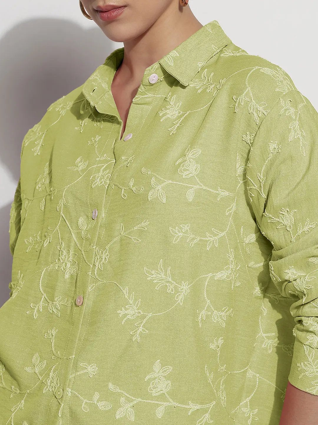 Women's Floral Embroidered Green Relaxed Fit Shirt - from SHOWOFFFF