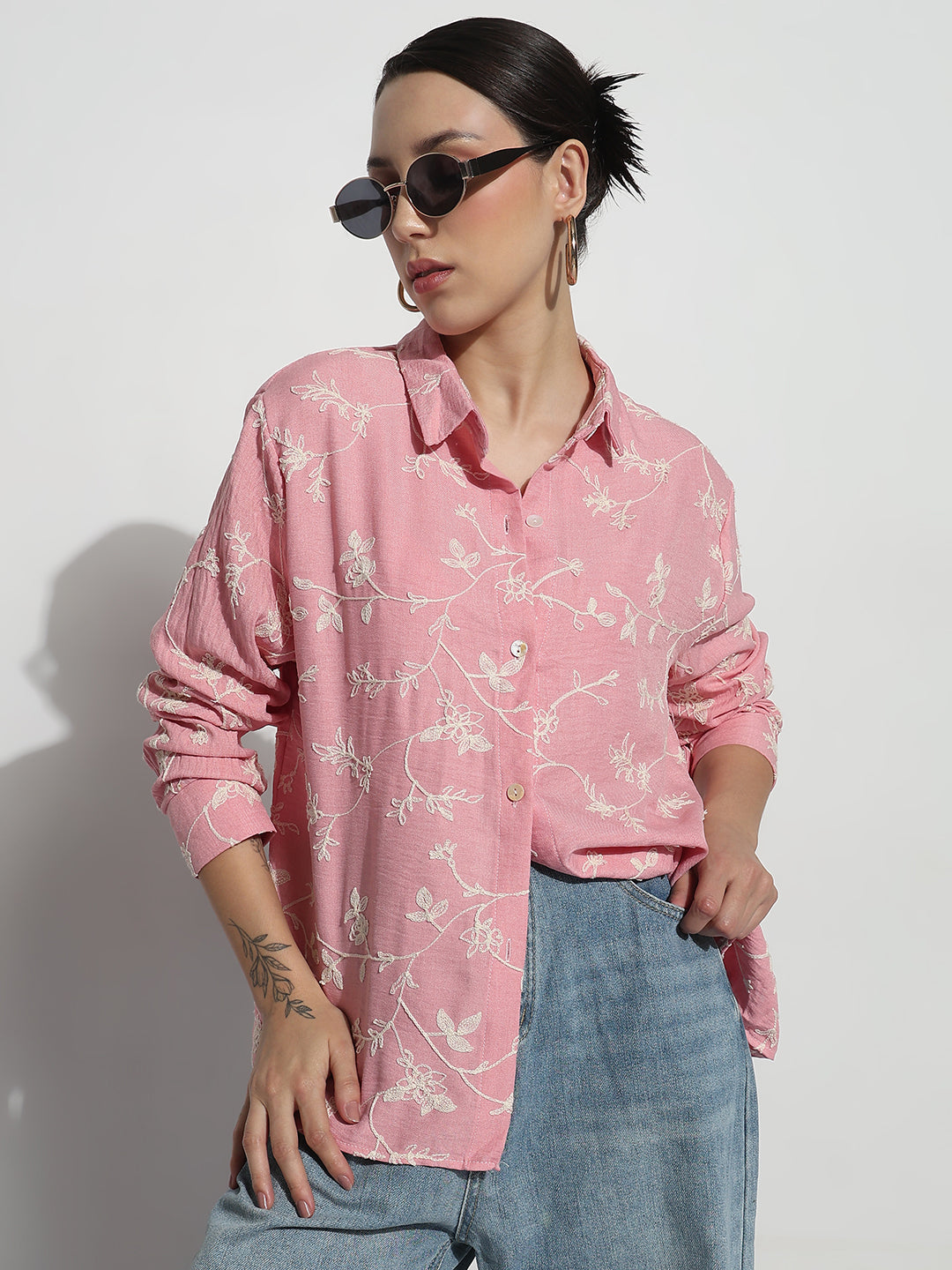 Women's Floral Embroidered Pink Relaxed Fit Shirt