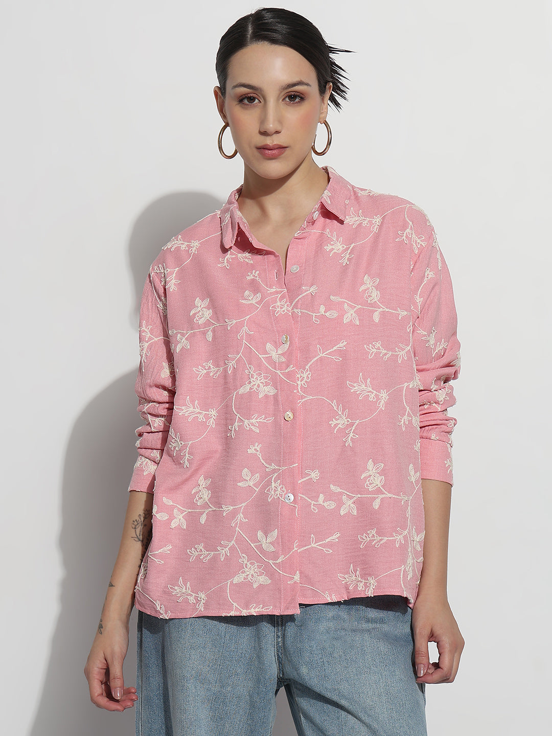 Women's Floral Embroidered Pink Relaxed Fit Shirt