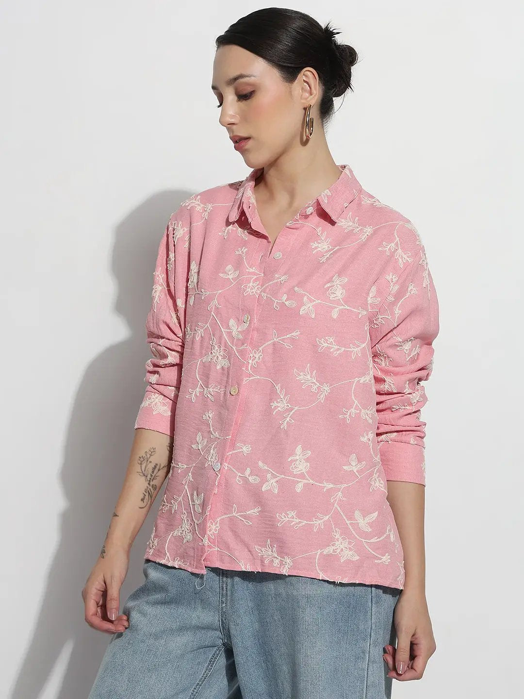 Women's Floral Embroidered Pink Relaxed Fit Shirt - from SHOWOFFFF