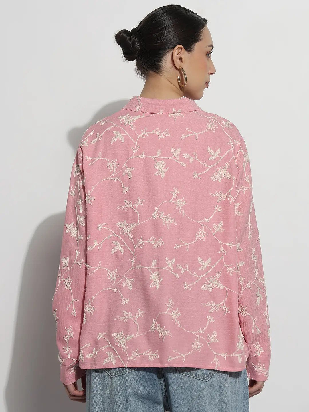 Women's Floral Embroidered Pink Relaxed Fit Shirt - from SHOWOFFFF