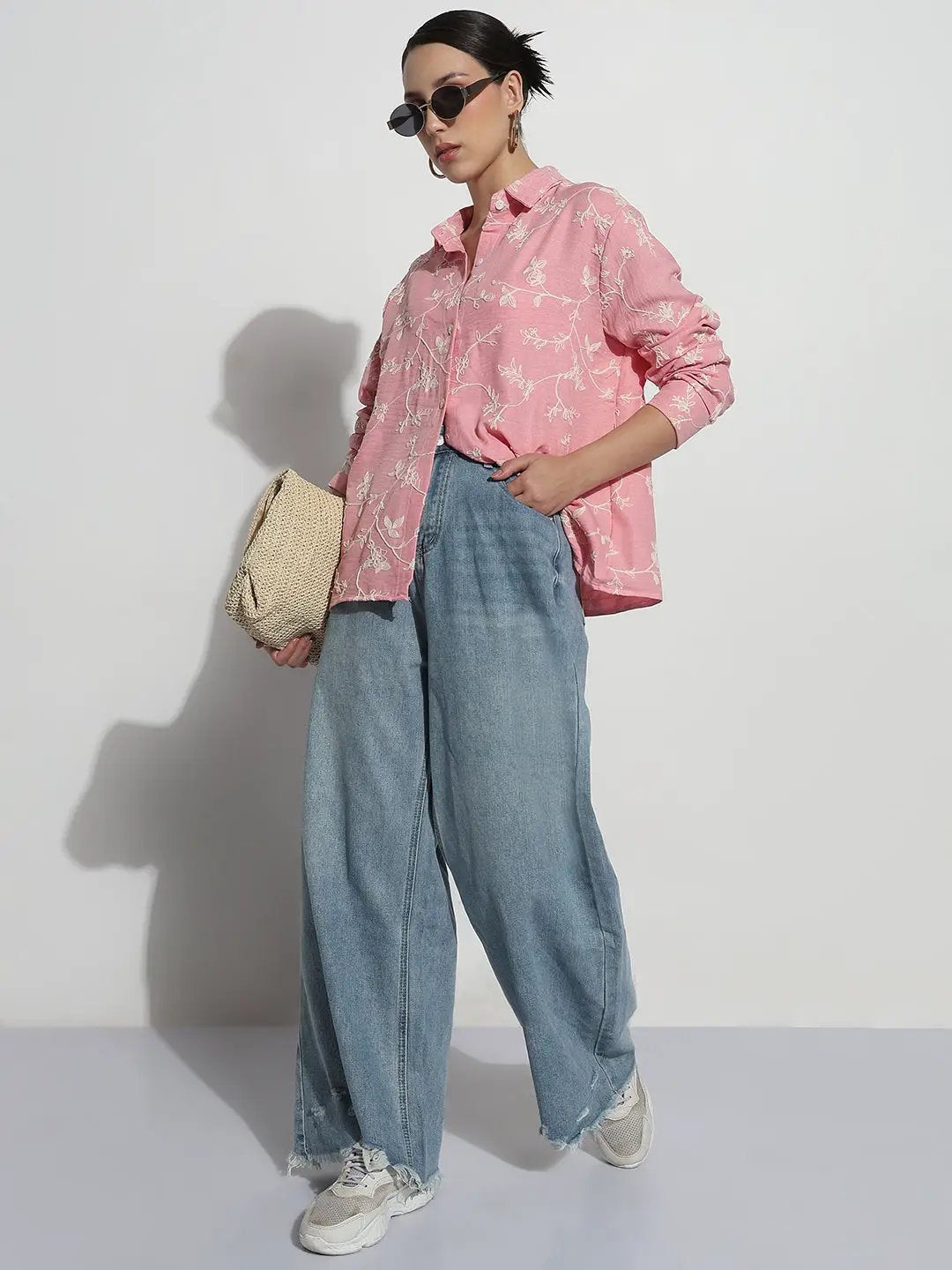 Women's Floral Embroidered Pink Relaxed Fit Shirt - from SHOWOFFFF