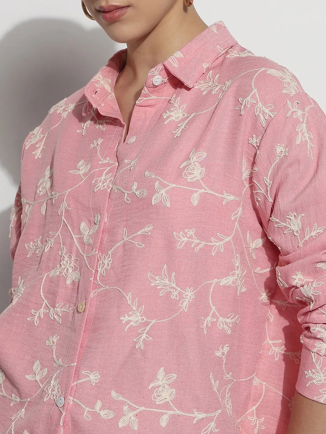Women's Floral Embroidered Pink Relaxed Fit Shirt - from SHOWOFFFF