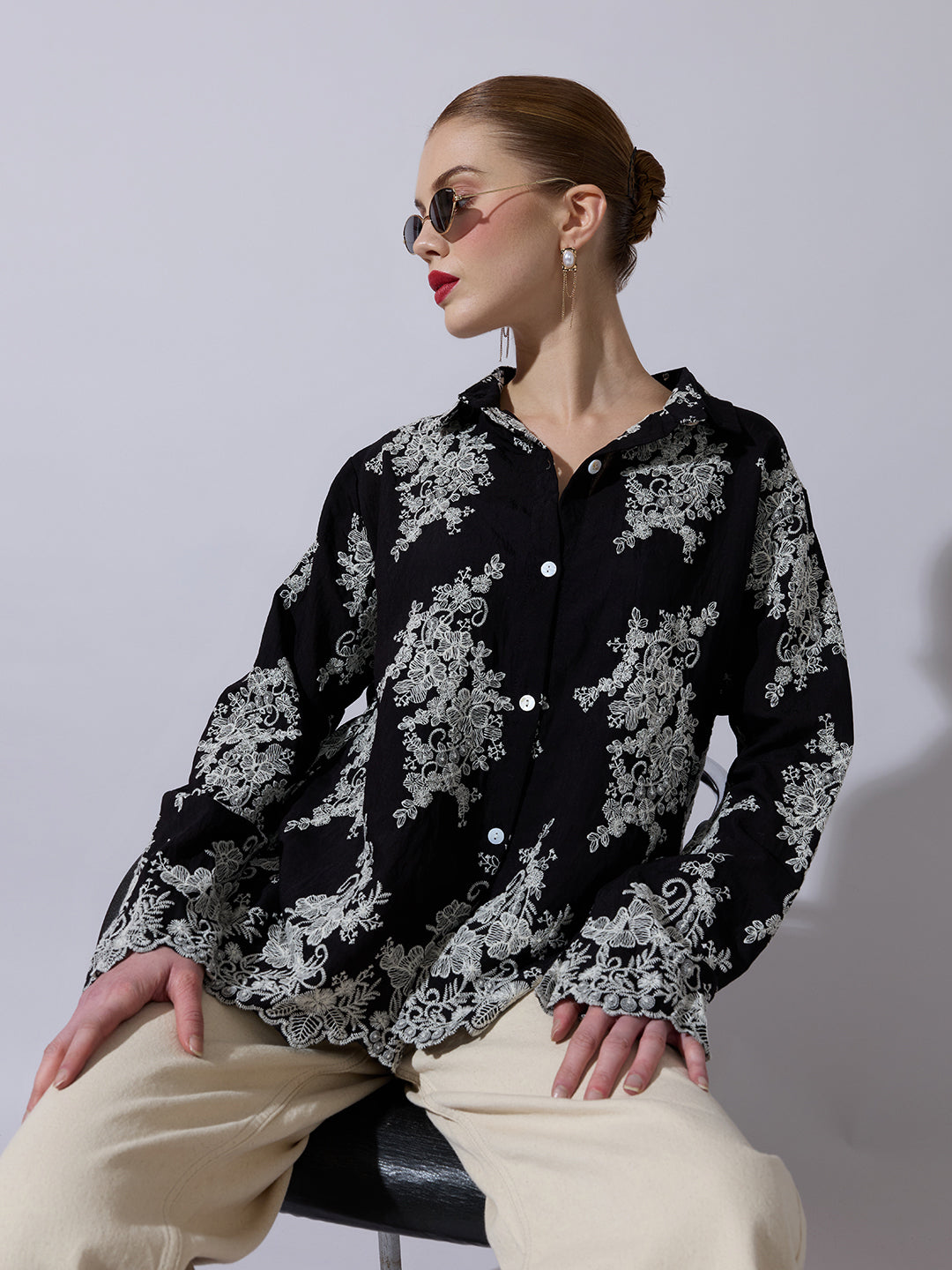 Women's Floral Embroidered Black Shirt