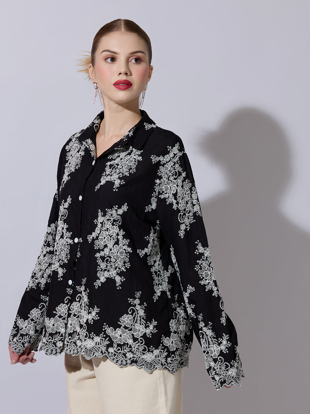 Women's Floral Embroidered Black Shirt