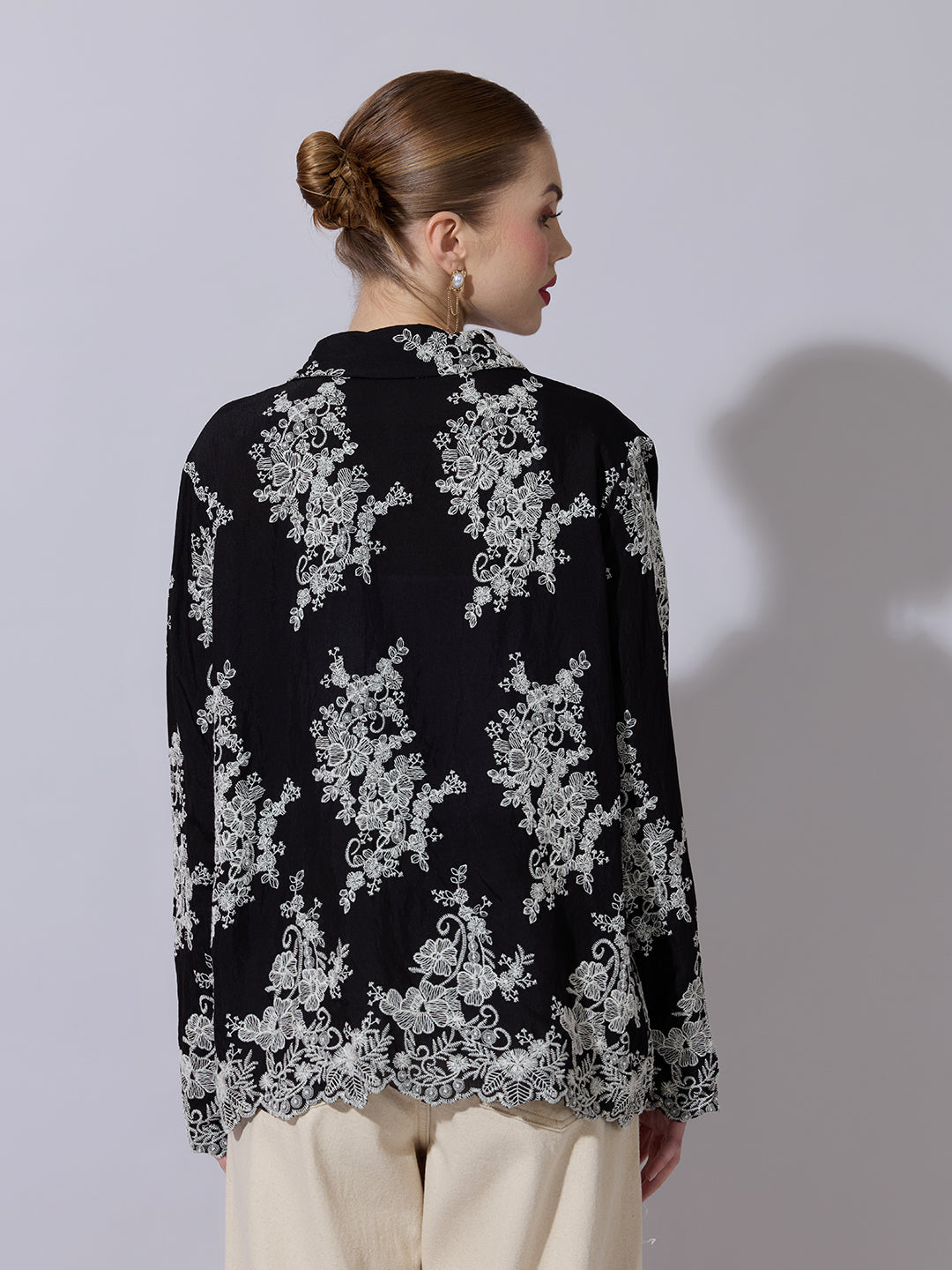 Women's Floral Embroidered Black Shirt
