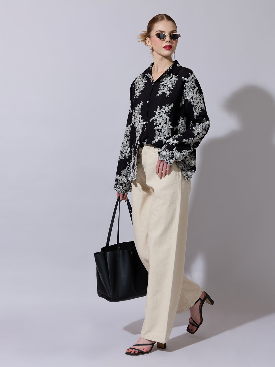 Women's Floral Embroidered Black Shirt