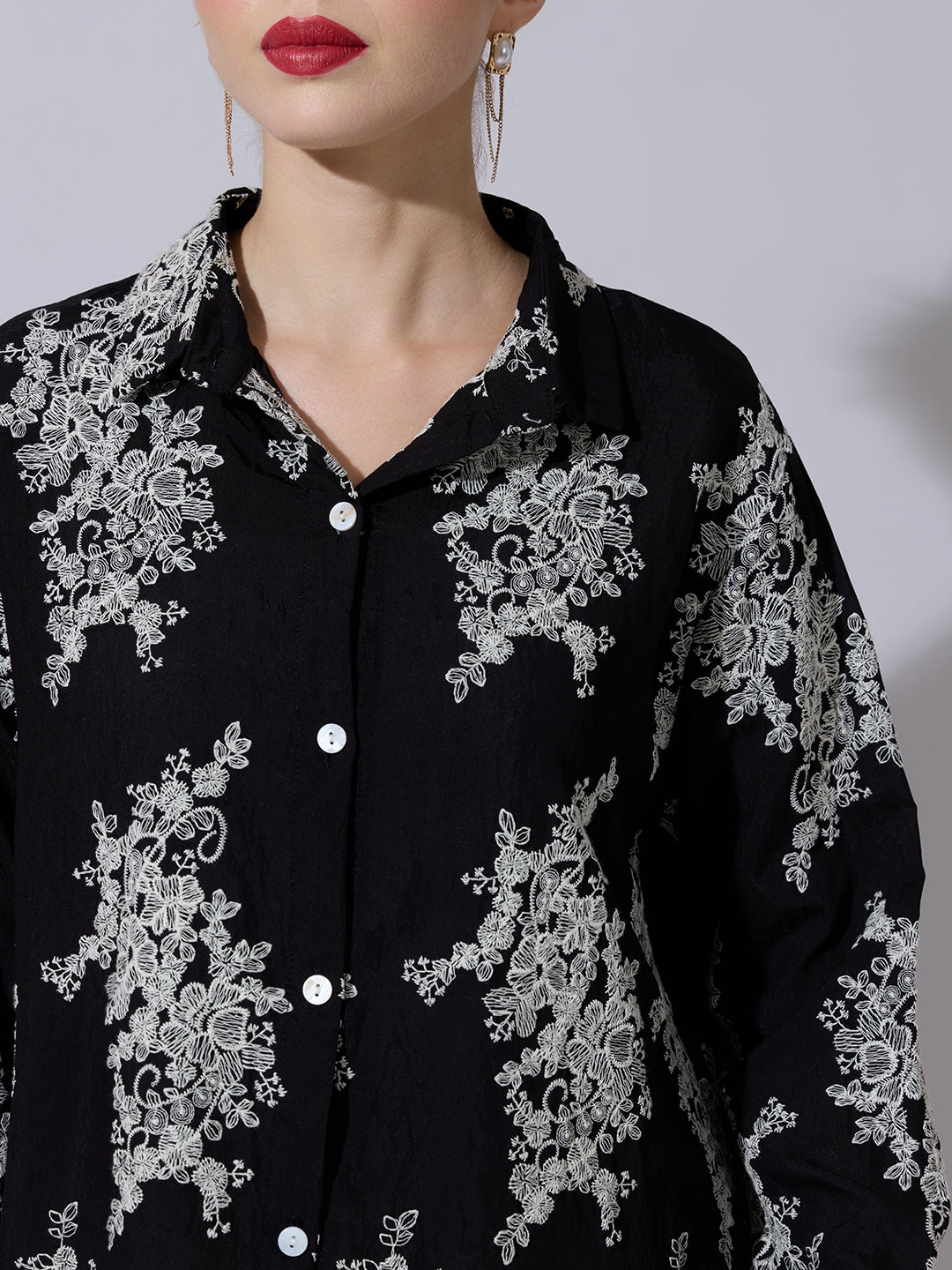 Women's Floral Embroidered Black Shirt
