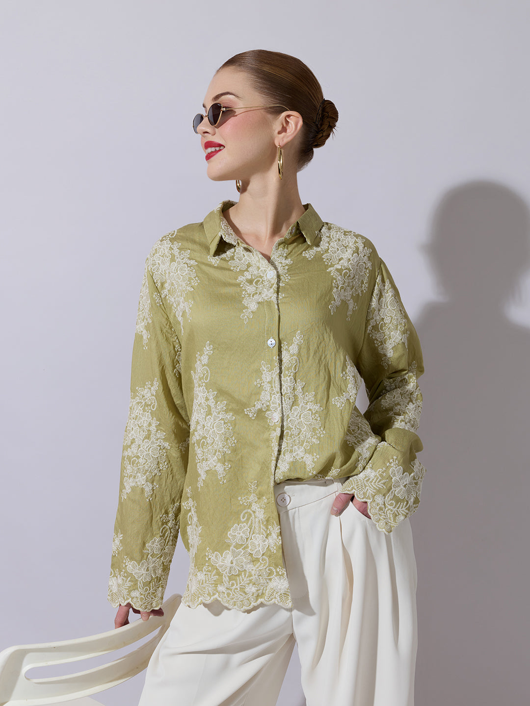 Women's Floral Embroidered Green Shirt