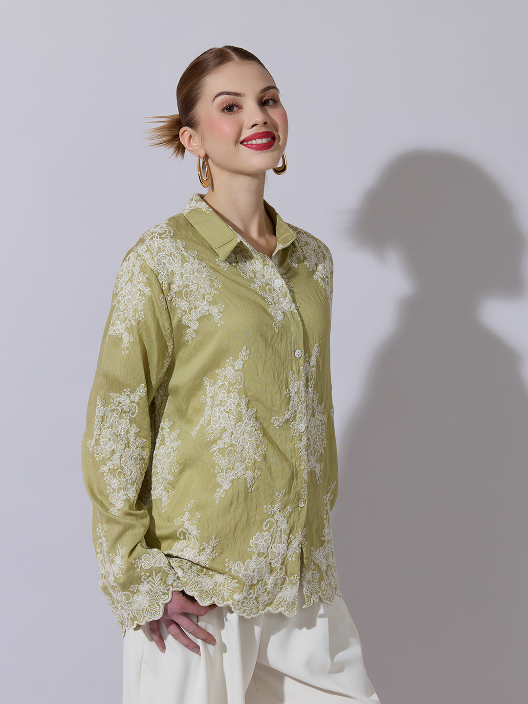 Women's Floral Embroidered Green Shirt