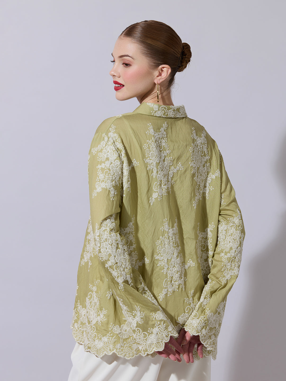 Women's Floral Embroidered Green Shirt