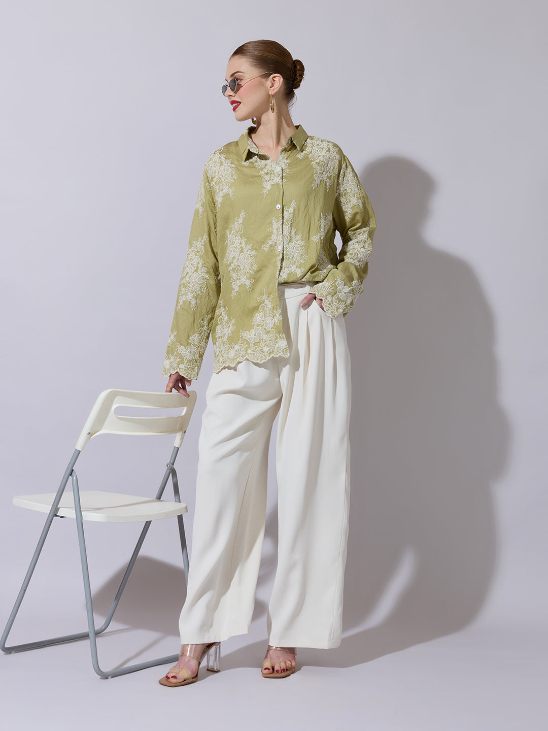 Women's Floral Embroidered Green Shirt