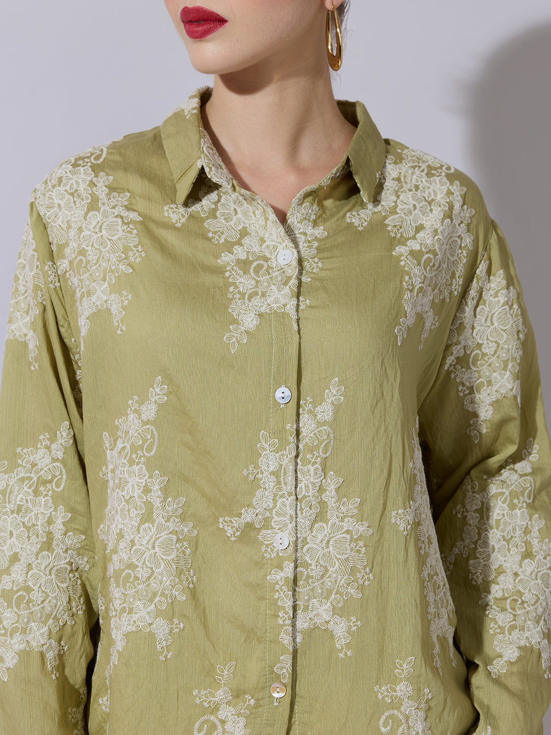 Women's Floral Embroidered Green Shirt