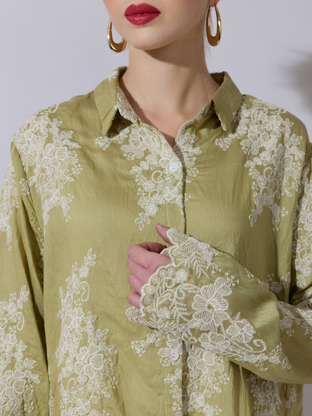 Women's Floral Embroidered Green Shirt