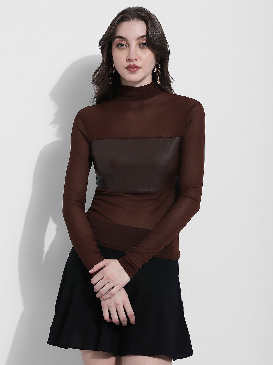 Women's Brown Sheer High Neck Long Sleeve Top
