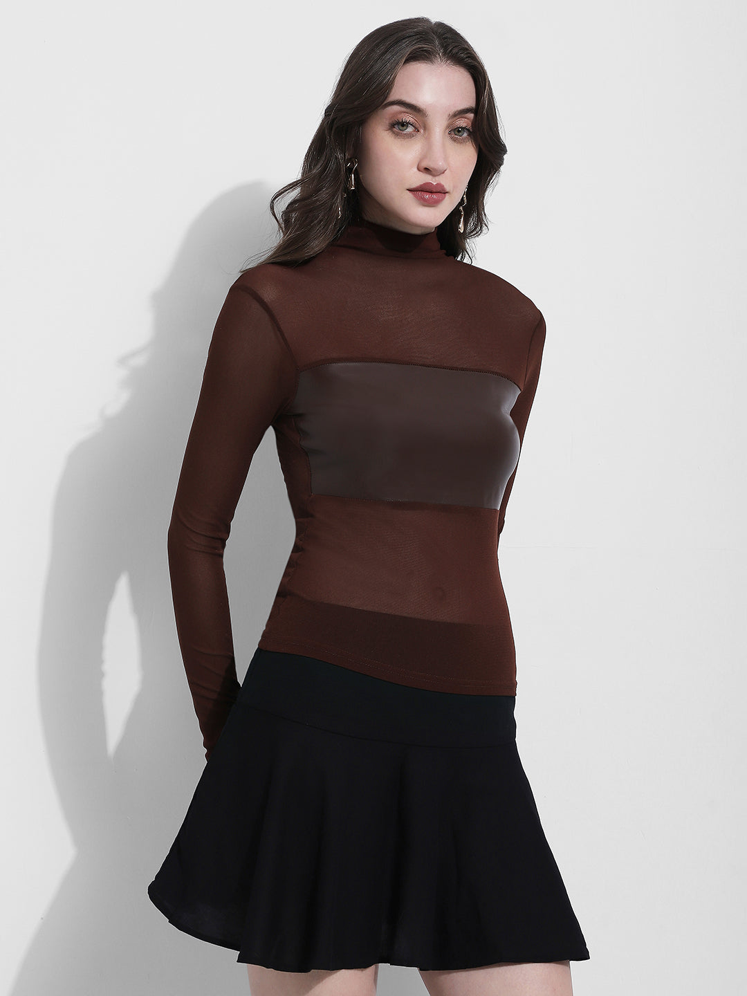 Women's Brown Sheer High Neck Long Sleeve Top