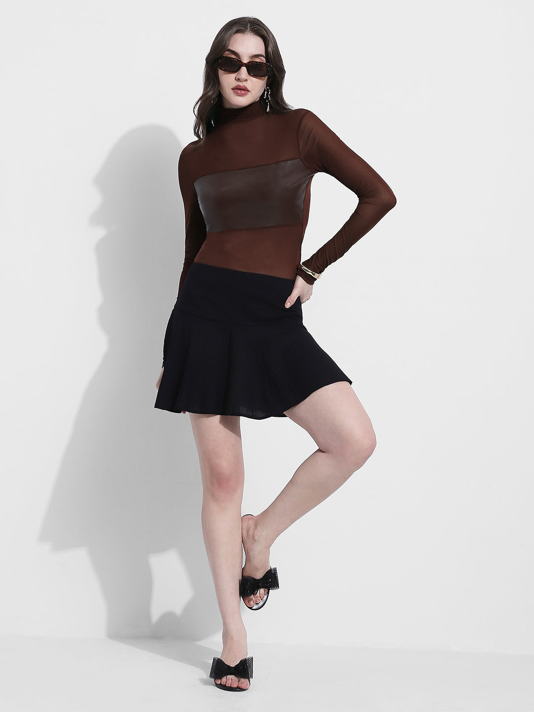 Women's Brown Sheer High Neck Long Sleeve Top