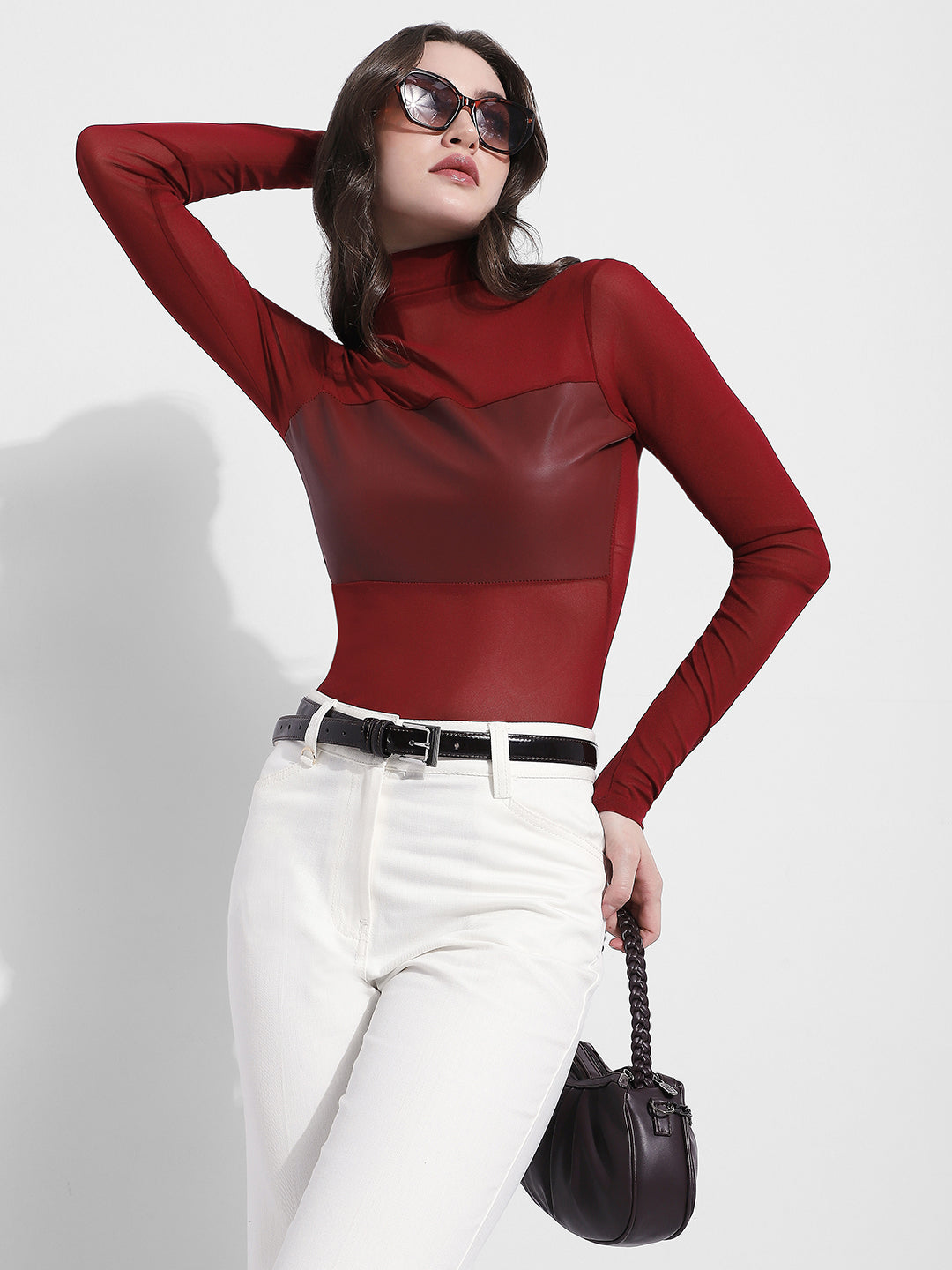 Women's Maroon Sheer High Neck Long Sleeve Top