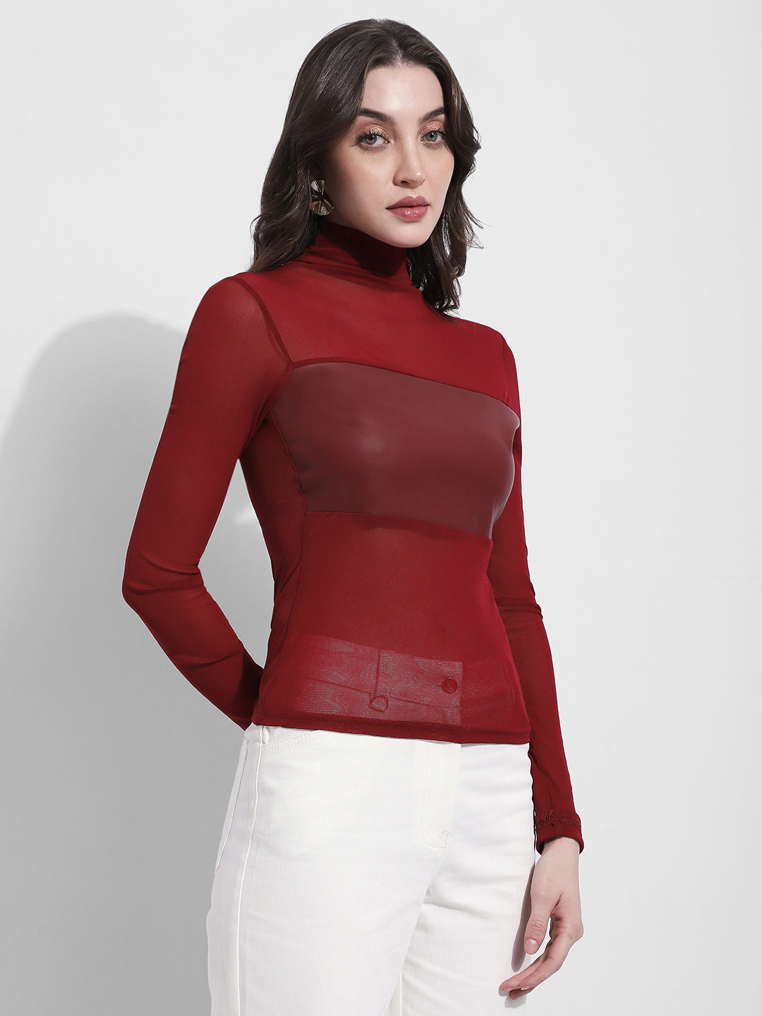 Women's Maroon Sheer High Neck Long Sleeve Top