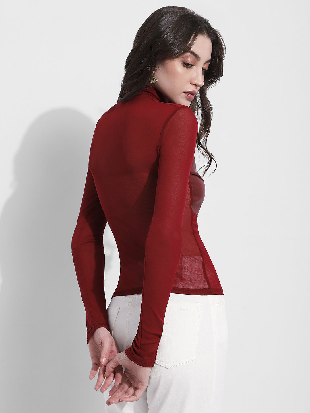 Women's Maroon Sheer High Neck Long Sleeve Top