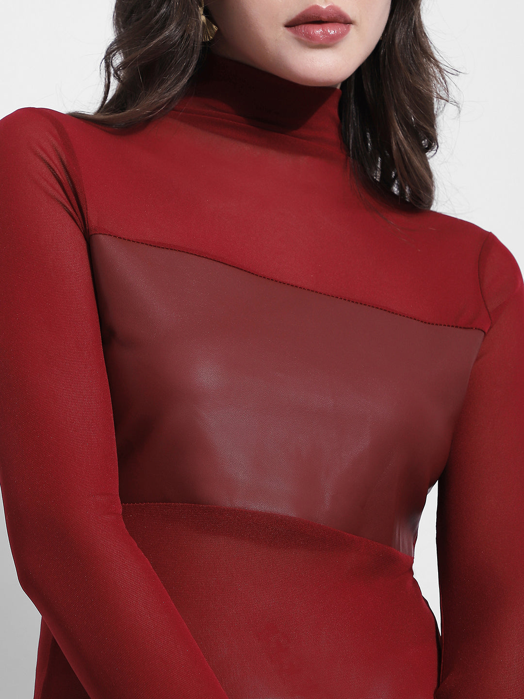 Women's Maroon Sheer High Neck Long Sleeve Top